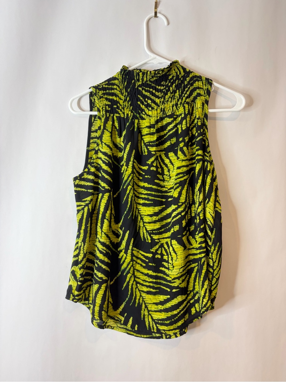 Allison Joy Neon Yellow Palm Print Smocked Neck Sleeveless Tank Top Small